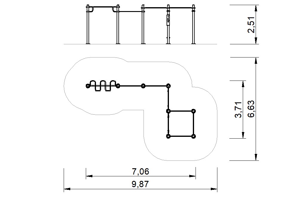 plano estructura postes acero galvanizado barras calistenia 2d